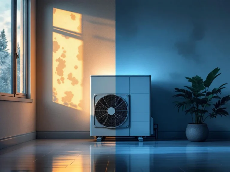 Liian suuri lämpöpumppu sisätilassa, vasemmalla kosteus- ja homeongelmia, oikealla puhdas ilma ja optimaaliset olosuhteet