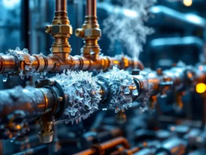 Lämpöpumpun viallinen paisuntaventtiili jääkiteiden ja kylmäaineen vuodon kanssa, höyryä nousee komponenteista