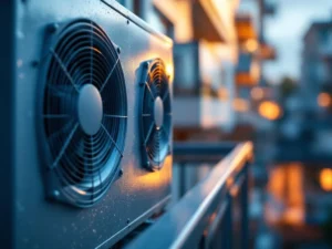 Moderni lämpöpumppu asennettuna asuinkerrostalon parvekkeelle, metalliset pinnat ja tuuletusritilät korostuvat valaistuksessa