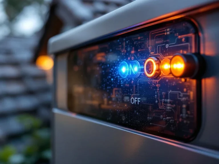 Lämpöpumpun ohjauspaneeli LED-valoineen ja kompressori metallisessa kotelossa, taustalla katon osia