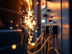 Lämpöpumpun sähkökomponentit kipinöivät ylikuormituksen merkeissä, taustalla sähkökeskus katkaisijoineen