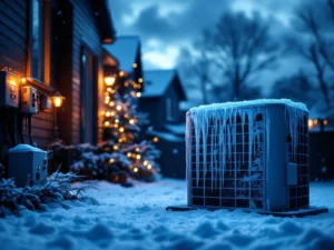 Jäätynyt lämpöpumppu sähkökatkoksen aikana, taustalla pimeitä taloja ja lumisadetta talvimyrskyssa