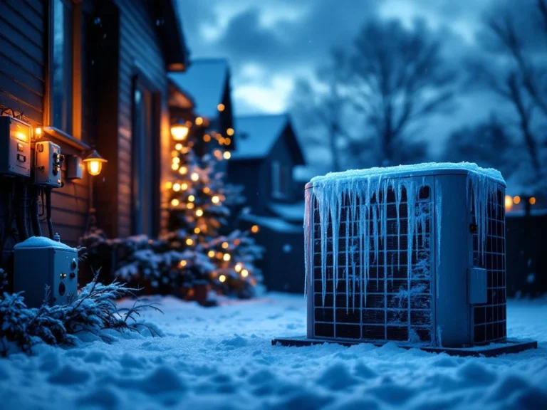 Jäätynyt lämpöpumppu sähkökatkoksen aikana, taustalla pimeitä taloja ja lumisadetta talvimyrskyssa