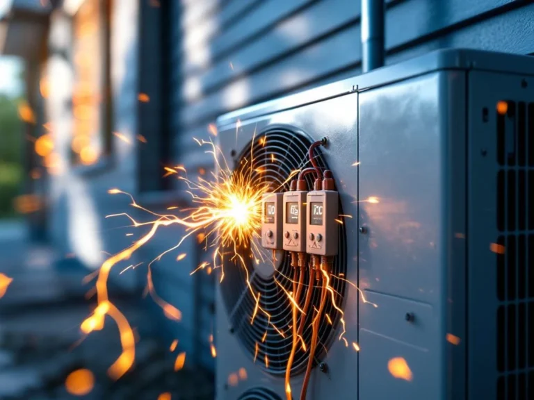 Moderni lämpöpumppu sähköhäiriöineen asunnon seinustalla, mittarit ja varoitusmerkit näkyvissä