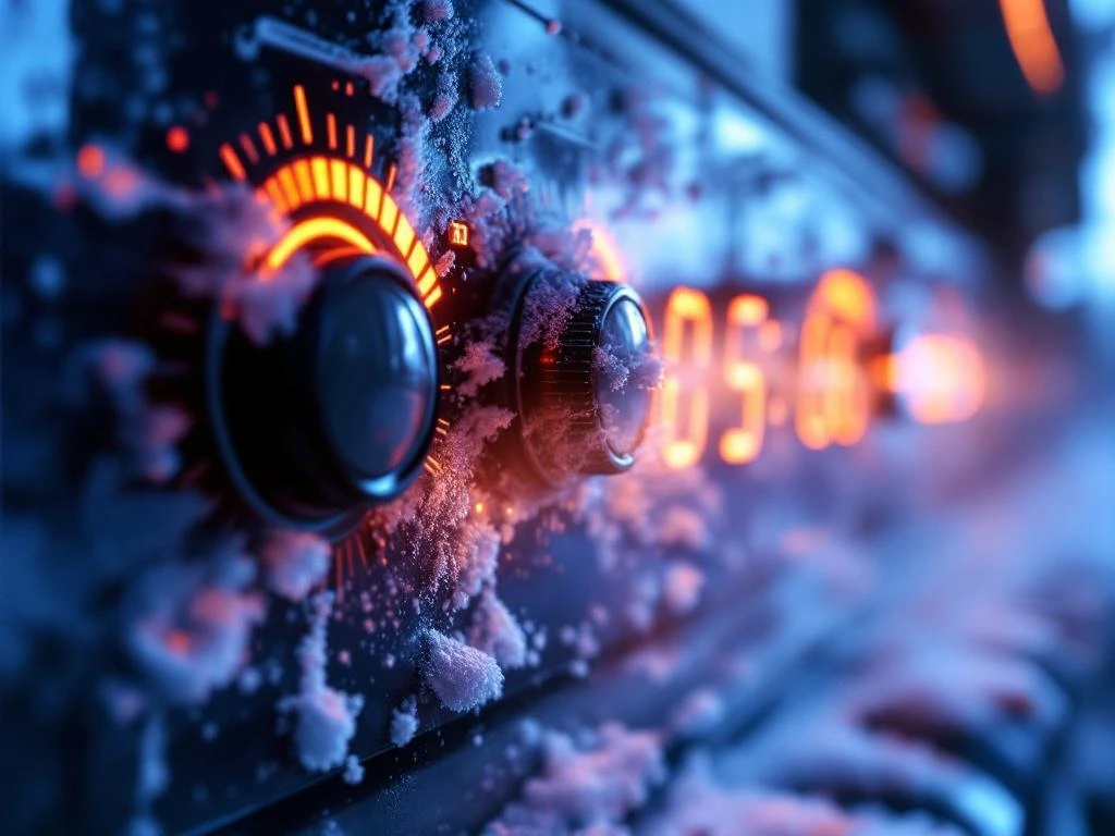 Lämpöpumppu höyryävässä kylmässä ilmassa, etualalla pyörivät sähkömittarit ja oranssit LED-valot ohjauspaneelissa