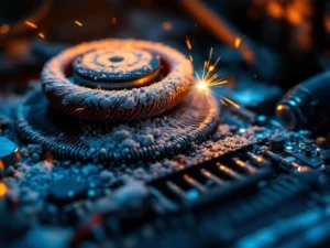 Lämpöpumpun sisäosat pölyssä: metallikierukka ja sähköpiirit, joissa näkyy pölykertymää ja sähköaktiviteettia