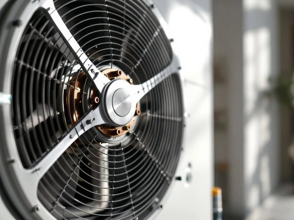 Lämpöpumpun sisäyksikön moottori etupaneeli avattuna, näkyy kulumisen merkkejä ja pölyä