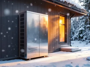 Lämpöpumpun ulkoyksikkö suomalaisessa kodissa, puolet suojattuna metallisella kotelolla, puolet paljastuneena lumelle