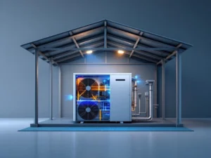 Lämpöpumpun poikkileikkausnäkymä suojakatoksen alla, jossa näkyy tekniset komponentit ja ilmanvirtaus