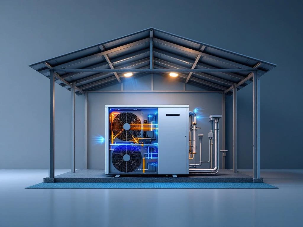 Lämpöpumpun poikkileikkausnäkymä suojakatoksen alla, jossa näkyy tekniset komponentit ja ilmanvirtaus