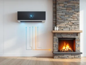 Moderni lämpöpumppu ja perinteinen takka integroituna skandinaaviseen sisustukseen energiavirtanuolien kanssa