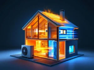 Lämpöpumppu ja talon poikkileikkaus näyttävät lämpövirtaukset ja eristyskerrokset seinissä