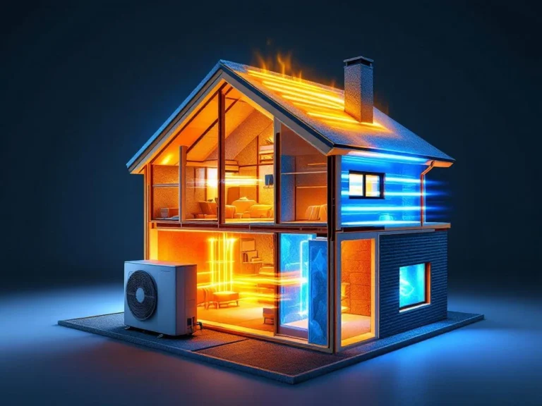 Lämpöpumppu ja talon poikkileikkaus näyttävät lämpövirtaukset ja eristyskerrokset seinissä