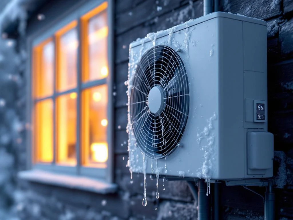 Valkoinen lämpöpumppu ulkoseinässä, huurteinen ja tippuva, digitaalinäyttö näkyy, taustalla lämmin suomalaiskoti