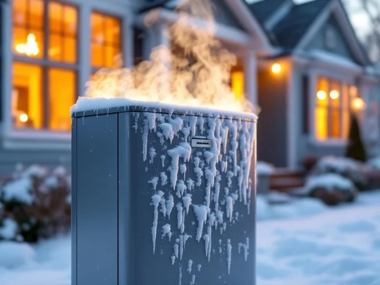Lämpöpumppu huurteessa ja höyryävänä talon edessä talvella, jäätyneitä pintoja ja kondensaatiota näkyvissä