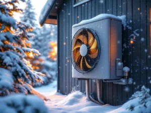 Lämpöpumppu toimii talvella pohjoismaisen talon seinässä, lumi sataa ja mäntyjen oksat painuvat lumen alla