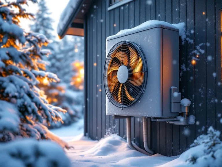 Lämpöpumppu toimii talvella pohjoismaisen talon seinässä, lumi sataa ja mäntyjen oksat painuvat lumen alla