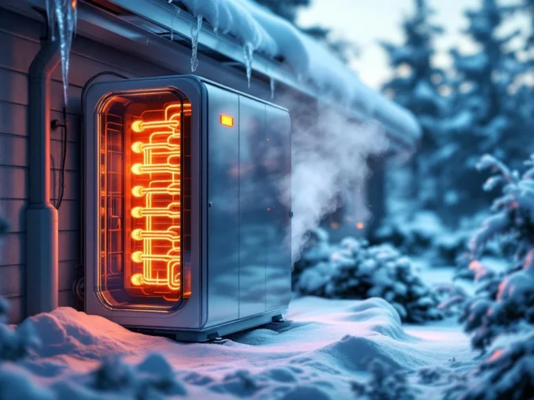 Moderni lämpöpumppu hehkuvilla lämmityselementeillä lumisessa talvimaisemassa, höyryä nousee yksiköstä