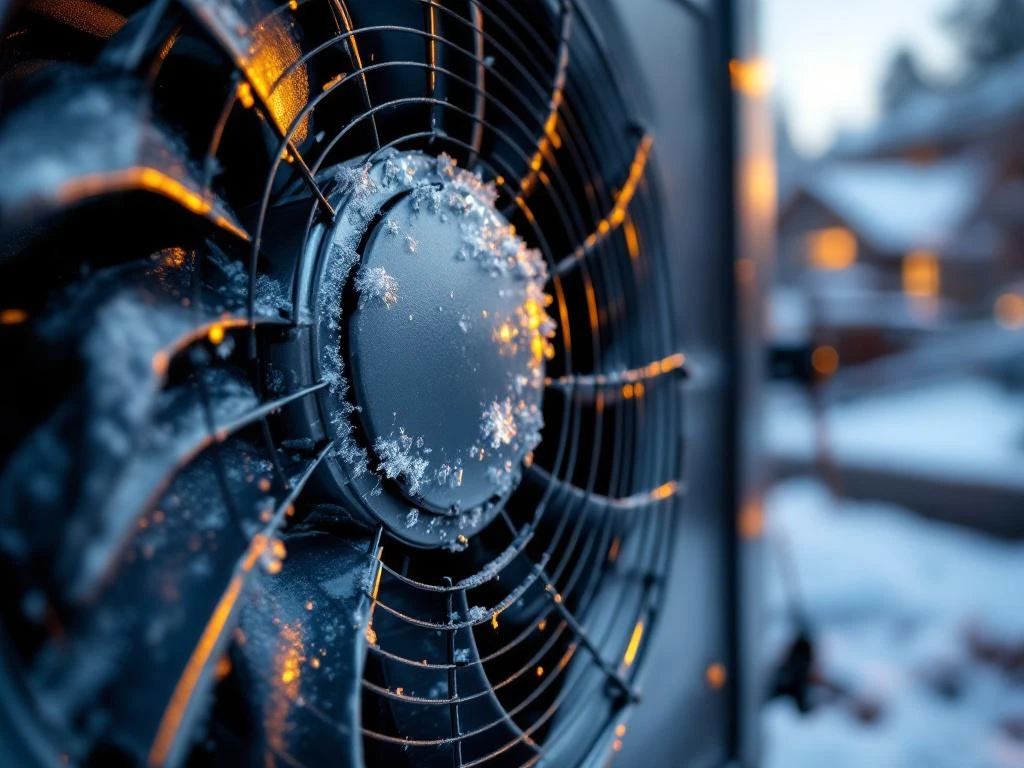 Lämpöpumpun tuulettimen lähikuva, jossa näkyy kulumisen merkkejä, jääkiteitä reunoilla ja halkeama siivessä talvella