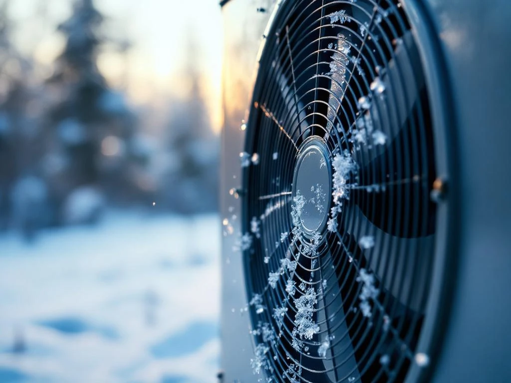 Lämpöpumpun ulkoyksikön tuuletin jäässä, tuuletinkoppa auki ja sisäosat näkyvissä talvisessa ympäristössä