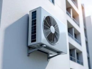 Moderni lämpöpumppu kiinnitettynä kerrostalon ulkoseinään, valkoinen ja hopeanvärinen yksikkö päivänvalossa