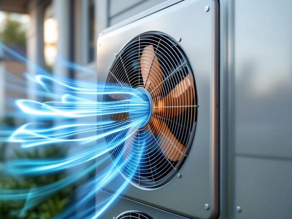 Lämpöpumpun ulkoyksikkö suomalaistalon seinustalla, tuuletin pyörii ja ilmavirtaukset näkyvät höyrynjuovina