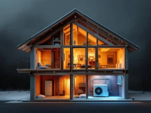 Vanha suomalainen talo poikkileikkauksessa: paljaat puupalkit, tiiliseinät ja moderni lämpöpumppu energiaremontin haasteena