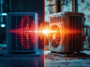 Uusi hiljainen lämpöpumppu ja vanha meluisa lämpöpumppu vierekkäin, ääniaaltojen visualisoinnilla