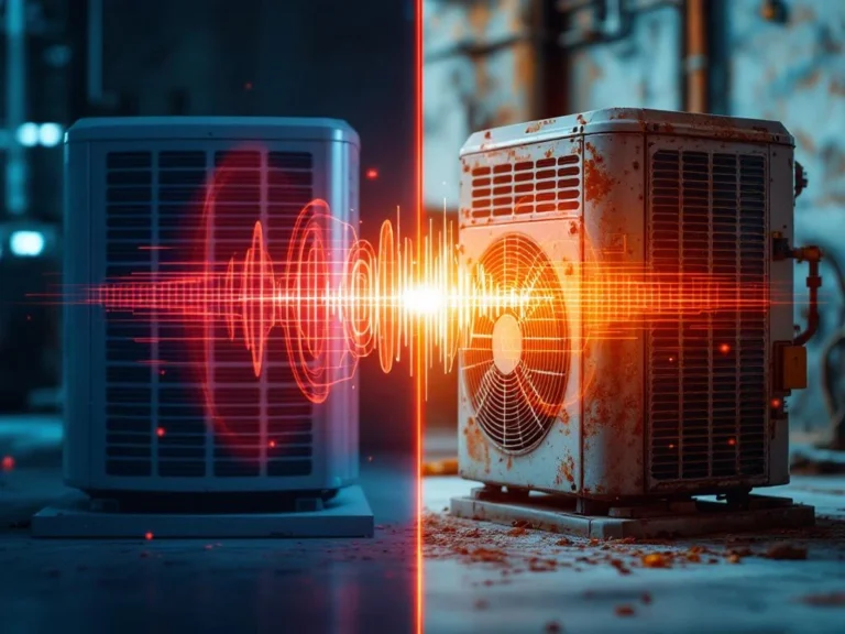 Uusi hiljainen lämpöpumppu ja vanha meluisa lämpöpumppu vierekkäin, ääniaaltojen visualisoinnilla