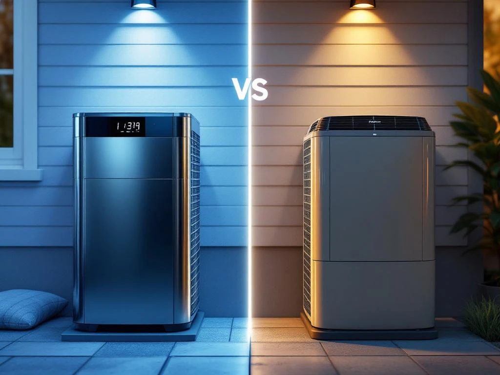 Kaksi lämpöpumppua vierekkäin: vasemmalla laadukas metallinen malli digitaaliohjauksella, oikealla perusmalli muovikuoressa