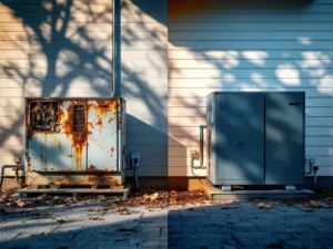 Vanha ruostunut lämpöpumppu vasemmalla ja uusi moderni lämpöpumppu oikealla suomalaisen talon seinustalla