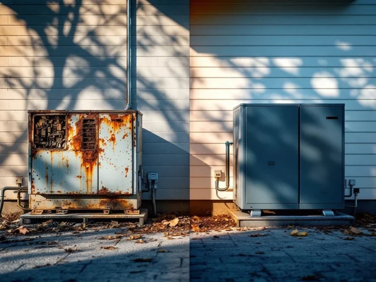 Vanha ruostunut lämpöpumppu vasemmalla ja uusi moderni lämpöpumppu oikealla suomalaisen talon seinustalla