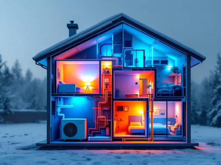 Lämpöpumpun poikkileikkausnäkymä kodissa: ulkoyksikkö jäässä, sisätiloissa epätasainen lämmitys sinisillä ja punaisilla vyöhykkeillä