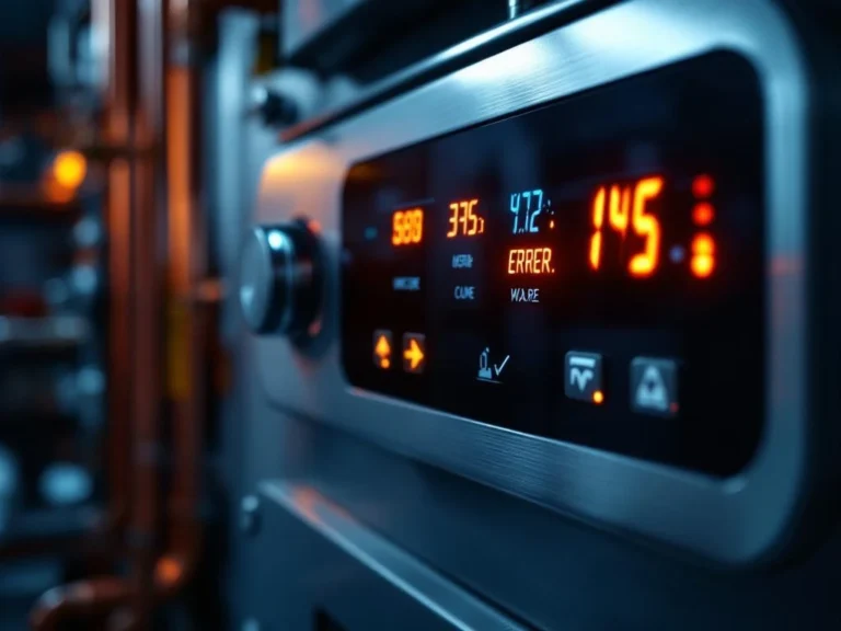 Lämpöpumpun ohjauspaneeli näyttää virheellisiä varoitusvaloja ja hälytyskoodeja, taustalla kuparisia putkia