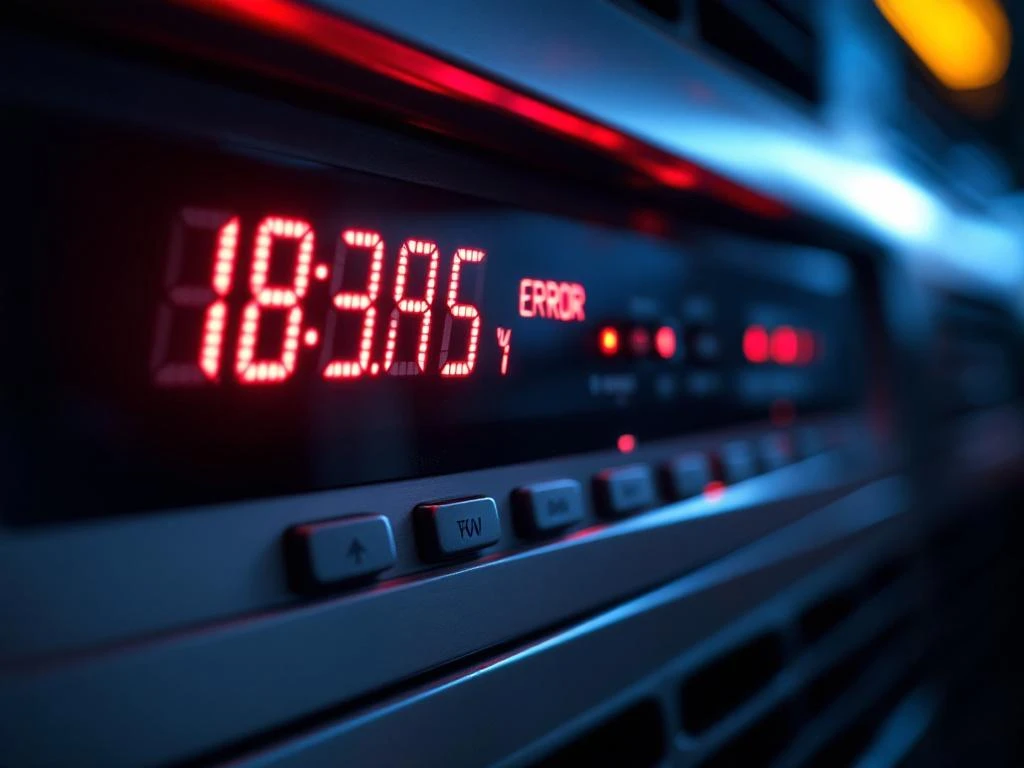 Lämpöpumpun digitaalinen näyttöpaneeli näyttää punaisia virhekoodeja, metallinen kotelo ja säätimet taustalla