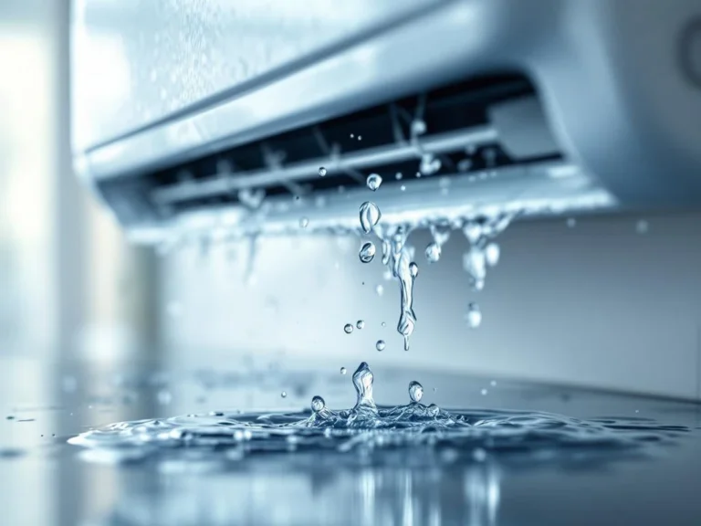 Valkoinen lämpöpumpun sisäyksikkö seinällä, vesipisaroita tippuu yksiköstä lattialle muodostaen lätäkön