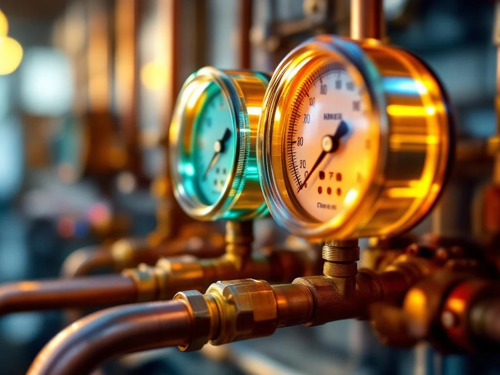 Lämpöpumpun kylmäaineputket ja painemittarit, joissa näkyy sinivihreä oikea ja oranssi väärä kylmäaine läpinäkyvissä kupariputkissa