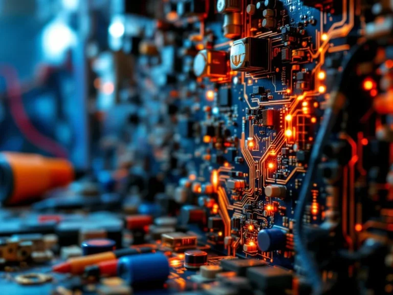 Vaurioitunut lämpöpumpun ohjauspiirilevy palovammoilla ja korroosiolla, taustasumeana lämpöpumppuyksikkö