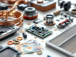 Lämpöpumpun varaosia valkoisella pinnalla: kuparikierukka, kompressori-osat, sähkökortti ja suodattimet euroseteleillä