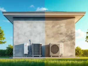 Eri merkkisiä lämpöpumppuja modernin talon seinällä, näyttäen kulumisen eri vaiheita uudesta kuluneeseen