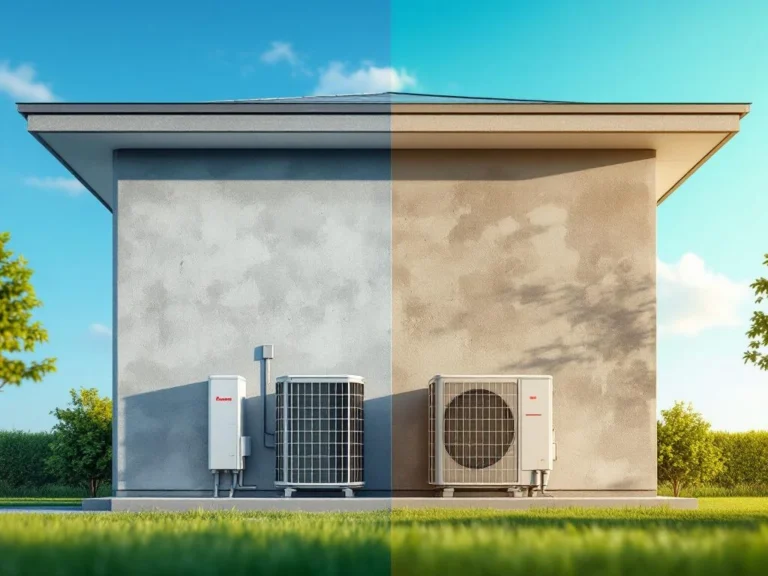 Eri merkkisiä lämpöpumppuja modernin talon seinällä, näyttäen kulumisen eri vaiheita uudesta kuluneeseen