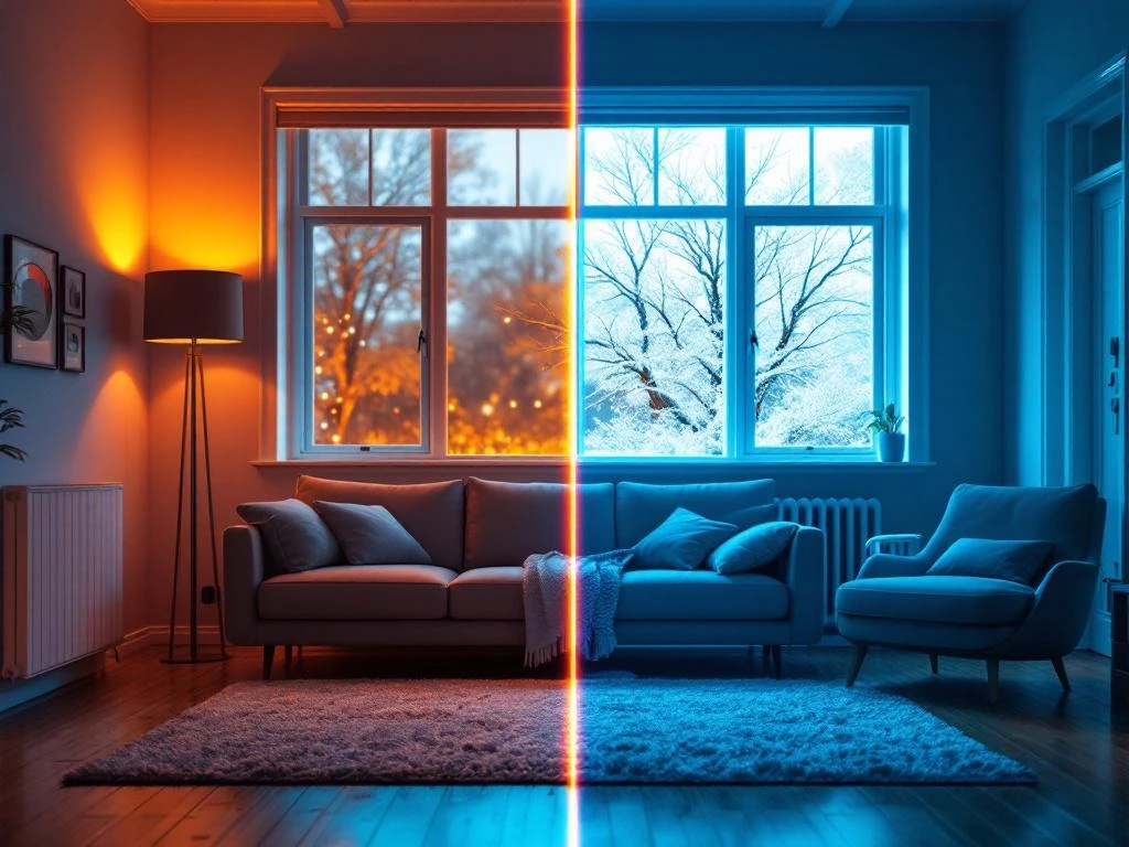 Lämmityksen epätasapaino kodissa: lämmin olohuone vasemmalla, kylmä huone lämpöpumpun kanssa oikealla