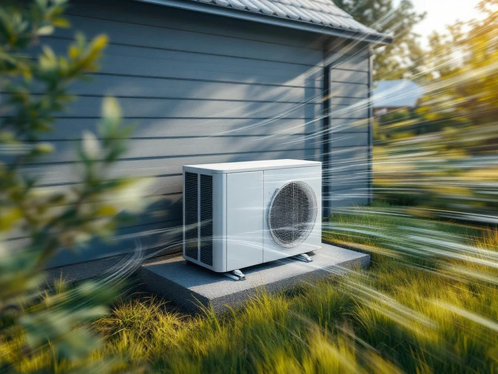 Lämpöpumppu asennettu asuintalon viereen tuulensuojan kanssa, näkyvissä tuulen liikuttamia puita ja ruohoa