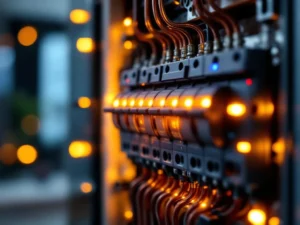 Sähkökeskuksen pääsulake terävässä fokuksessa, lämpöpumppu taustalla hämäränä modernissa suomalaisessa kodissa