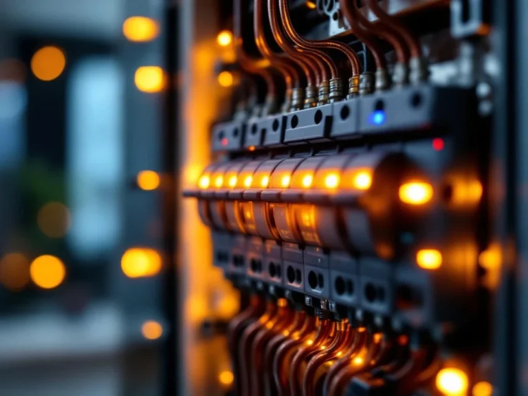 Sähkökeskuksen pääsulake terävässä fokuksessa, lämpöpumppu taustalla hämäränä modernissa suomalaisessa kodissa