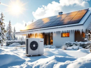 Moderni suomalainen talo talvella aurinkopaneelit katolla, lämpöpumppu etualalla, lunta ja jääpuikkoja
