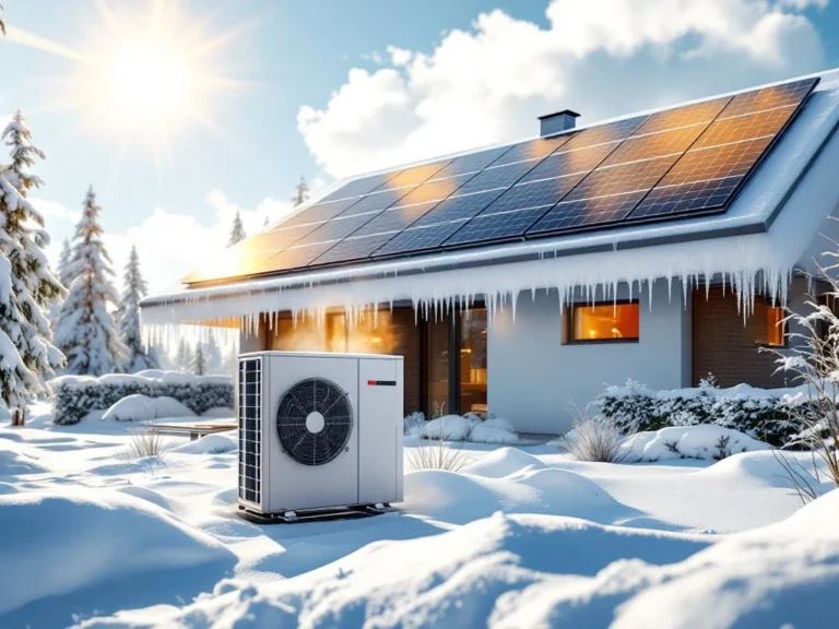 Moderni suomalainen talo talvella aurinkopaneelit katolla, lämpöpumppu etualalla, lunta ja jääpuikkoja