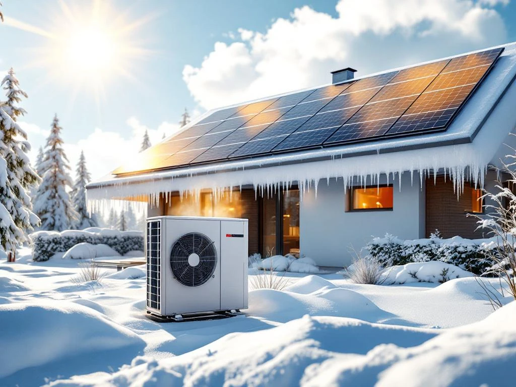 Moderni suomalainen talo talvella aurinkopaneelit katolla, lämpöpumppu etualalla, lunta ja jääpuikkoja