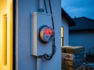 Digitaalinen älymittari punaisilla numeroilla seinässä näyttää korkeaa energiankulutusta, taustalla katon reunaa