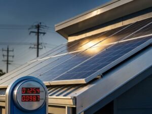 Aurinkopaneelit asennettuna modernin kodin katolle, sähkömittari edustalla näyttää laskevia lukemia